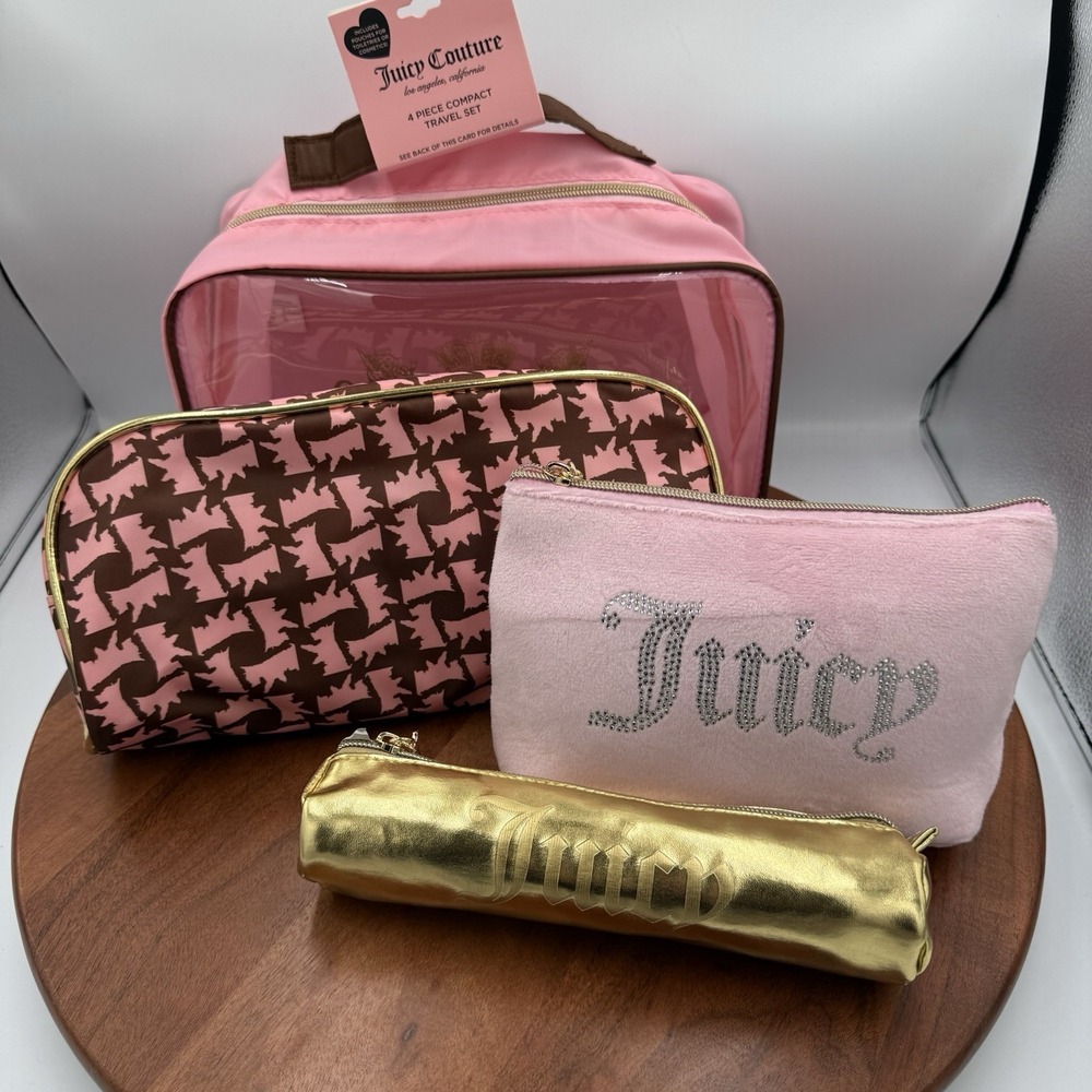 Juicy Couture 4-Piece Compact Nesting Travel Pouch Set Pink Gold Brown NEW